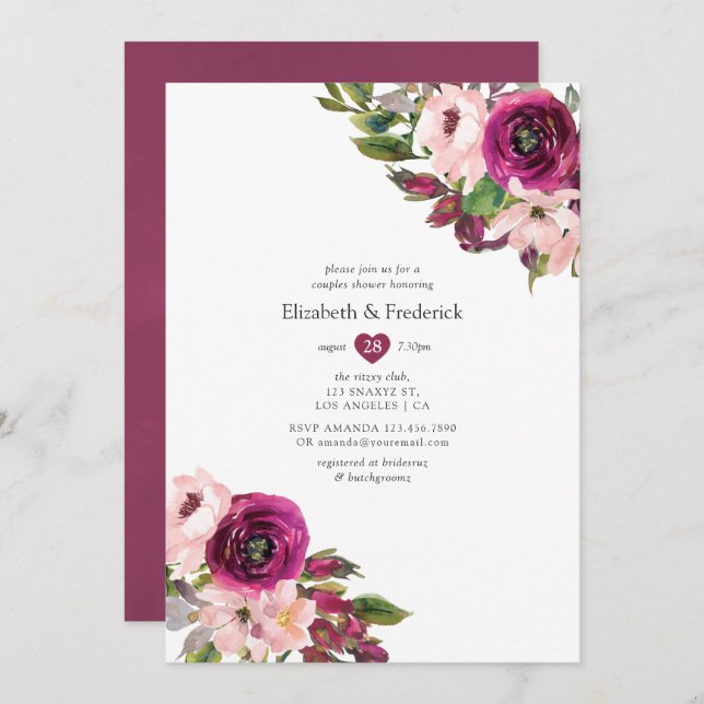 Marsala and Blush Floral Wedding Couples Shower Invitation (Front/Back)
