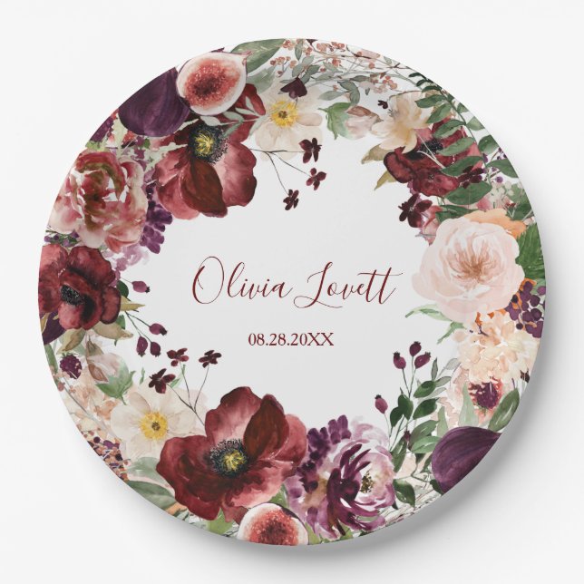 Marsala and Blush Pink Floral Bridal Shower Paper Plate (Front)
