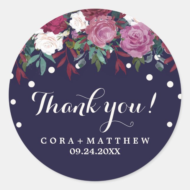 Marsala and Burgundy Floral on Navy Thank You Classic Round Sticker (Front)