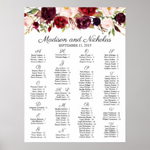 Marsala and Pink Floral Alphabetical Seating Chart