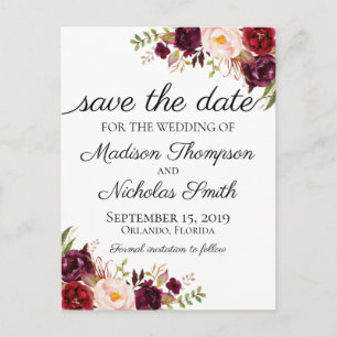 Marsala and Pink Floral Save the Date Postcards