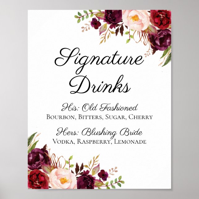 Marsala and Pink Floral Signature Drinks Sign (Front)