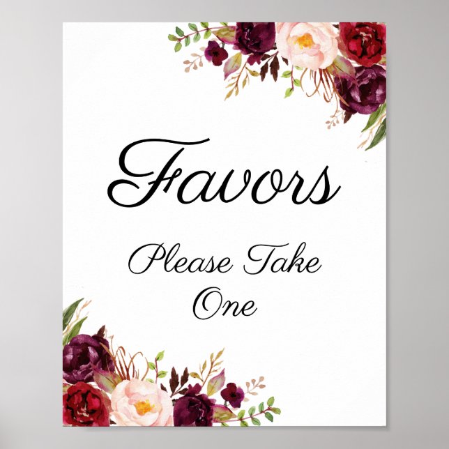 Marsala and Pink Floral Wedding Favors Sign (Front)