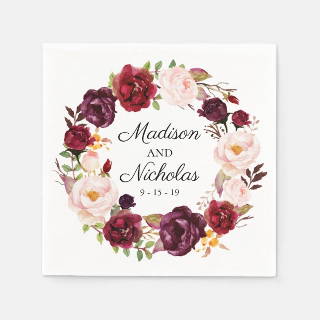 Marsala and Pink Floral Wedding Napkins (Front)