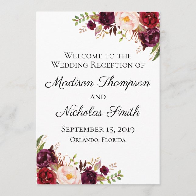 Marsala and Pink Floral Wedding Reception Programs Programme (Front)