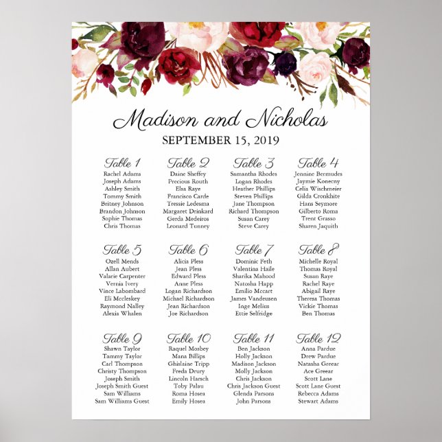 Marsala and Pink Floral Wedding Seating Chart (Front)