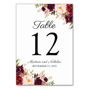 Marsala and Pink Floral Wedding Table Number Cards