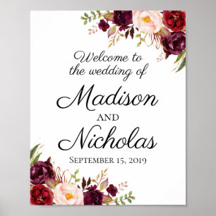 Marsala and Pink Floral Wedding Welcome Sign