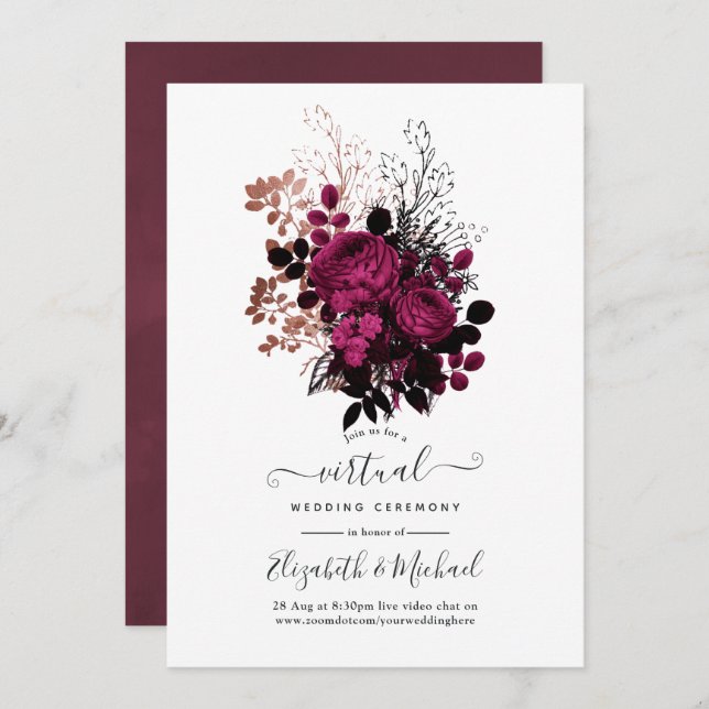 Marsala and Rose Gold Floral Virtual Wedding Invitation (Front/Back)