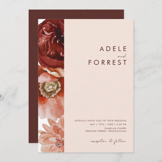 Marsala Autumn Floral | Blush All In One wedding Invitation (Front/Back)