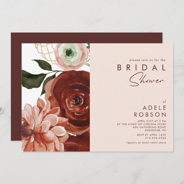 Marsala Autumn Floral | Blush Bridal Shower Invitation (Front/Back)
