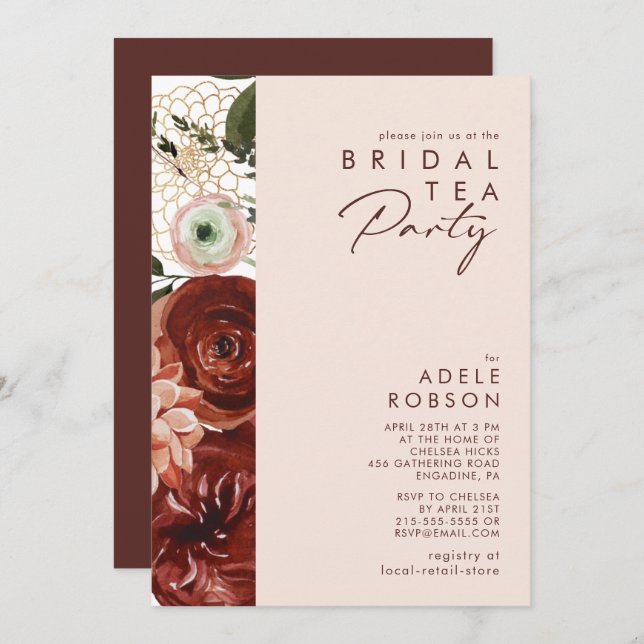 Marsala Autumn Floral | Blush Bridal Tea Party Invitation (Front/Back)
