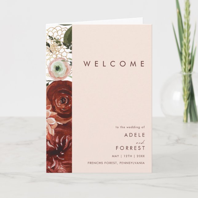 Marsala Autumn Floral | Blush Folded Wedding Programme (Front)
