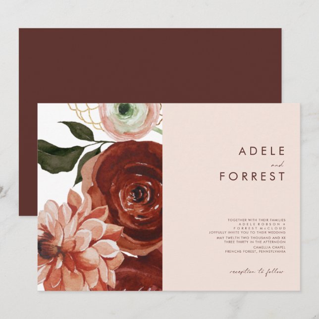 Marsala Autumn Floral | Blush Horizontal Wedding I Invitation (Front/Back)