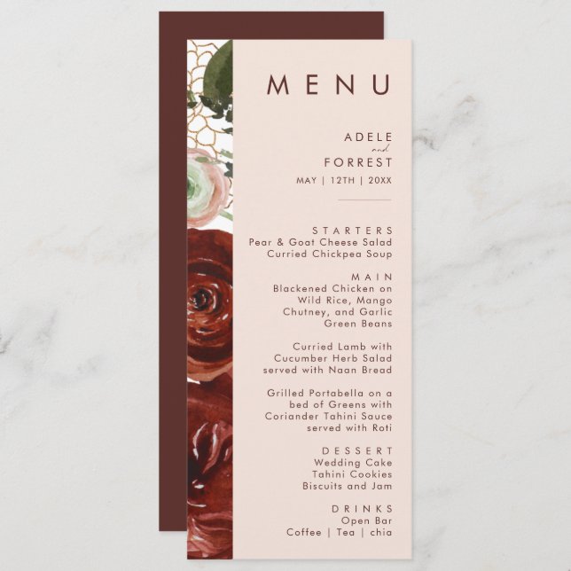 Marsala Autumn Floral | Blush Wedding Dinner Menu (Front/Back)