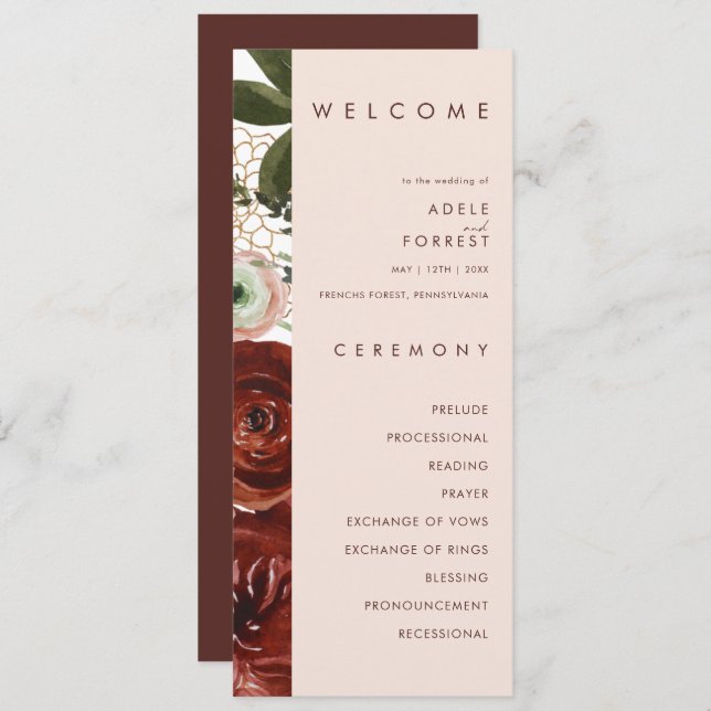 Marsala Autumn Floral | Blush Wedding Program Programme (Front/Back)