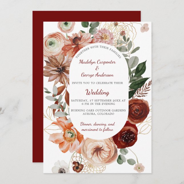 Marsala Autumn Floral Frame Wedding  Invitation (Front/Back)