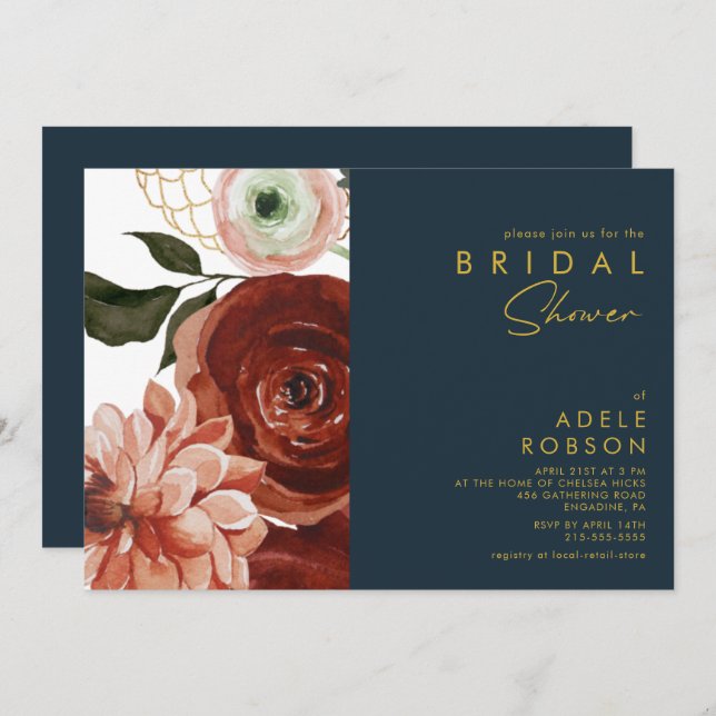 Marsala Autumn Floral | Navy Bridal Shower Invitation (Front/Back)