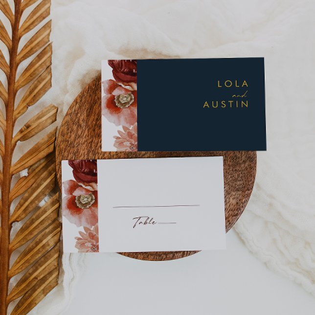 Marsala Autumn Floral | Navy Flat Wedding Place Card (Creator Uploaded)