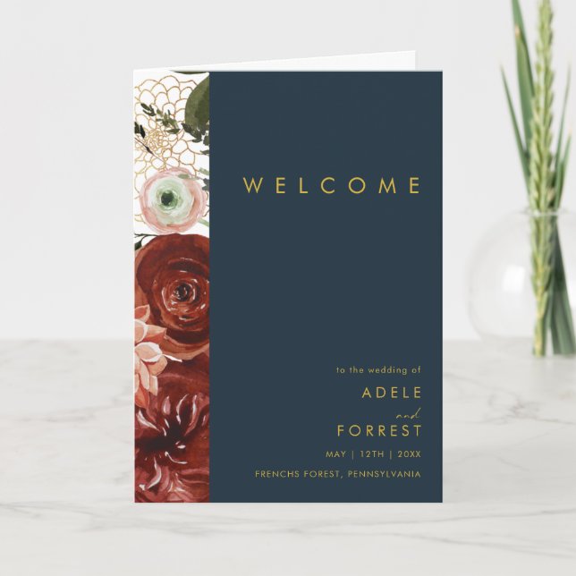Marsala Autumn Floral | Navy Folded Wedding Programme (Front)