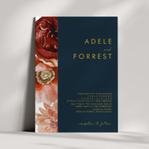 Marsala Autumn Floral Navy Wedding Invitation