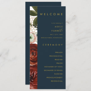 Marsala Autumn Floral Navy Wedding Program Programme