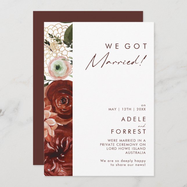 Marsala Autumn Floral White Elopement Announcement (Front/Back)
