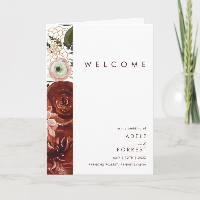 Marsala Autumn Floral | White Folded Wedding Programme (Front)