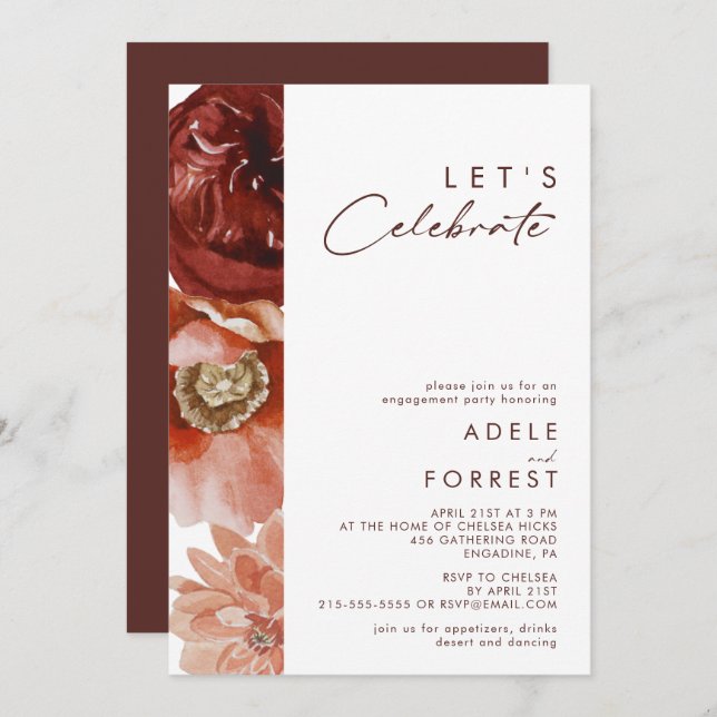 Marsala Autumn Floral | White Let's Celebrate Invitation (Front/Back)