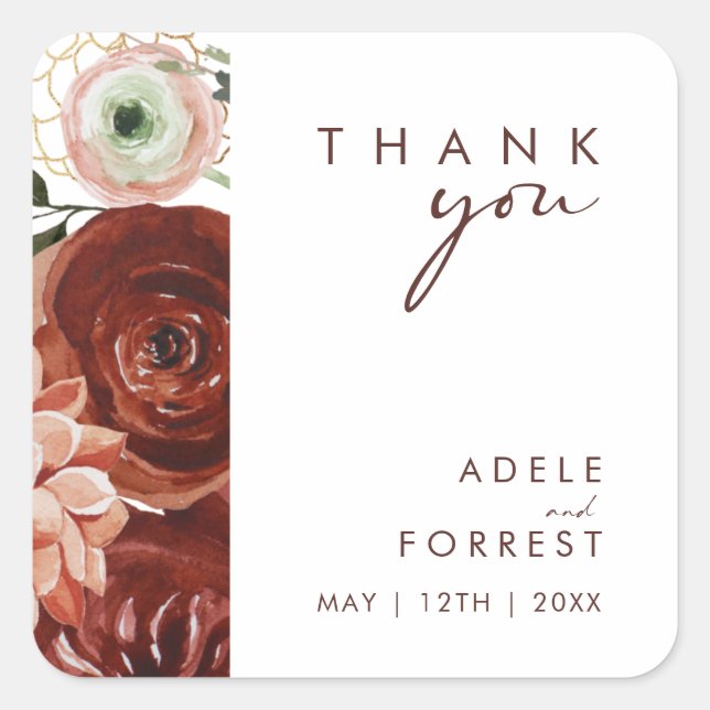 Marsala Autumn Floral | White Thank You Wedding Square Sticker (Front)