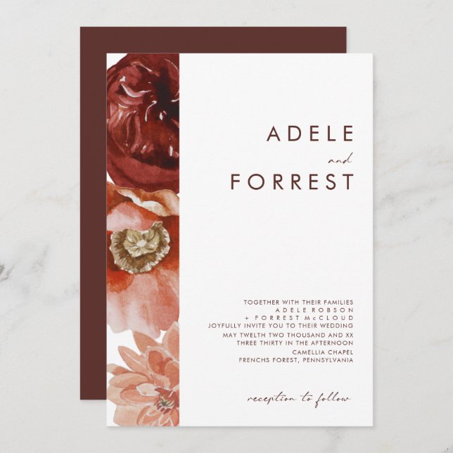 Marsala Autumn Floral | White Wedding Invitation (Front/Back)