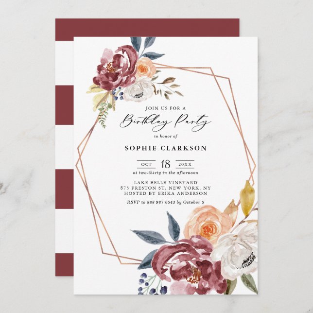Marsala Autumn Flowers Geometric Birthday Party Invitation (Front/Back)