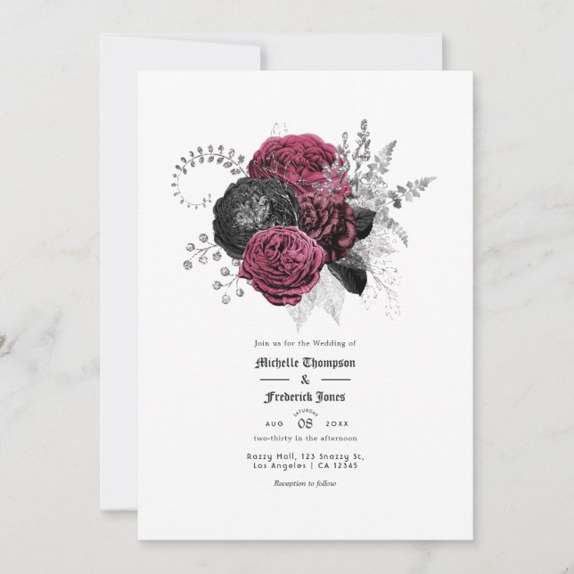 Marsala, Black and Silver Floral Gothic Wedding Invitation (Front)