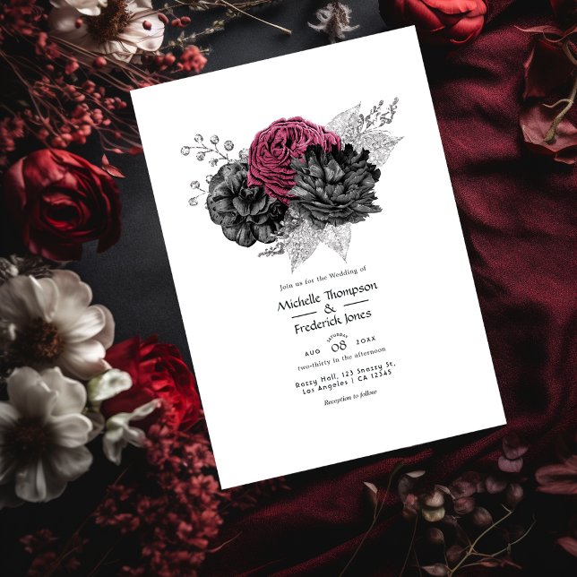 Marsala, Black and Silver Floral Wedding Invitation (Creator Uploaded)