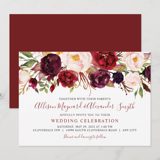 Marsala Blush Blooms watercolor floral wedding Invitation (Front/Back)