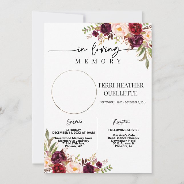 Marsala Blush Boho Photo Funeral Memorial Service Invitation (Front)