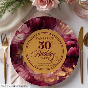Marsala blush gold floral woman 50th birthday paper plate