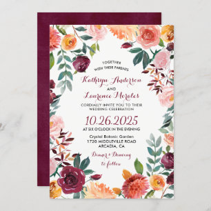 Marsala Blush Pink Botanical Flower Wreath Wedding Invitation
