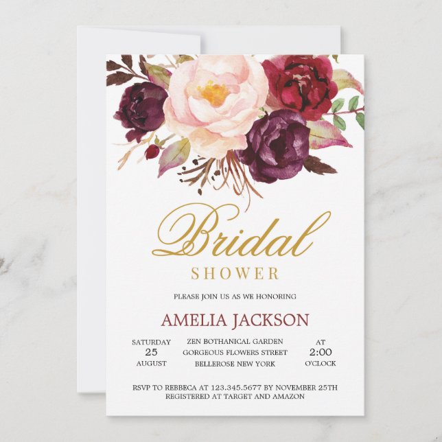 Marsala blush pink floral burgundy and gold bridal invitation (Front)