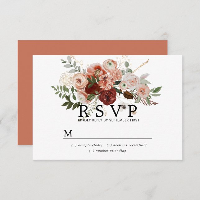 Marsala Blush Terracotta Floral Wedding RSVP Card (Front/Back)