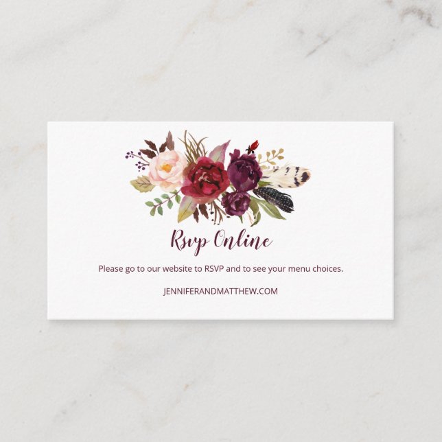 Marsala Boho Feathers Floral RSVP Online | Enclosure Card (Front)