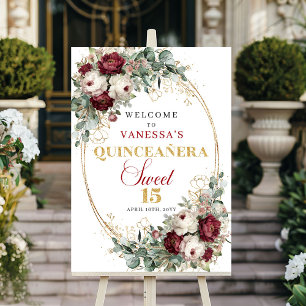 Marsala Boho Quinceanera Welcome Sign Floral Gold!