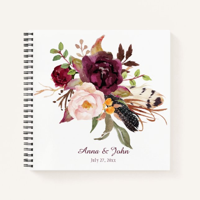 Marsala Boho Watercolor Floral Wedding Guest Book (Front)