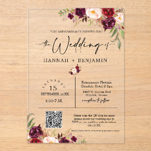 Marsala Boho Wedding Modern Minimal QR Code Acrylic Invitations