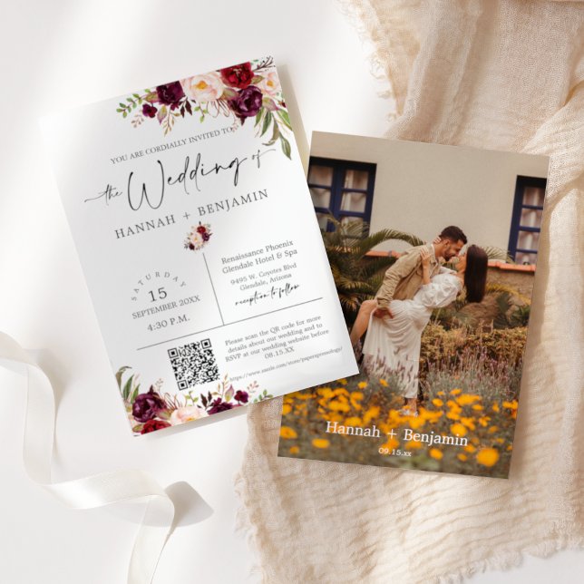 Marsala Boho Wedding Modern Minimal QR Code Photo Invitation (Creator Uploaded)