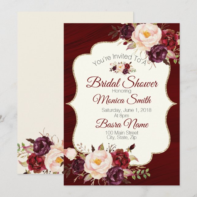 Marsala Burgandy Watercolor Floral Bridal Shower Invitation (Front/Back)