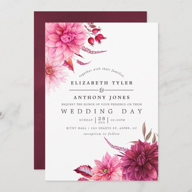 Marsala - Burgundy and Blush Autumn Fall Wedding Invitation (Front/Back)