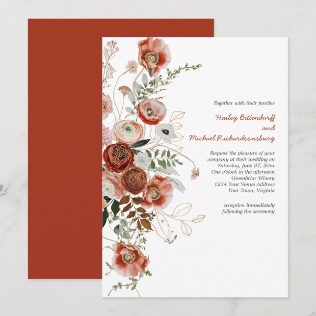 Marsala Burgundy Blush Fall Floral Wedding Invitat Invitation (Front/Back)