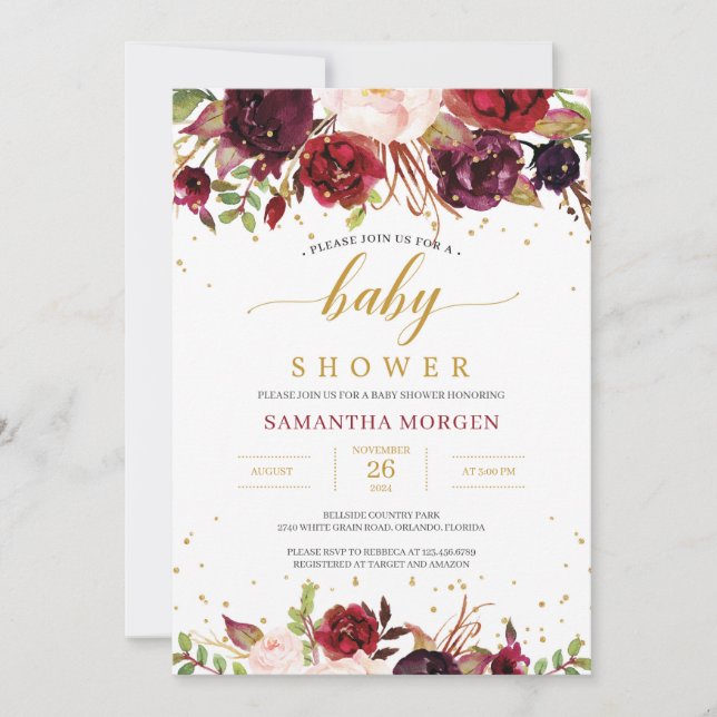 Marsala burgundy blush pink floral baby shower invitation (Front)
