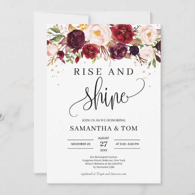 Marsala burgundy blush pink floral rise and shine invitation (Front)